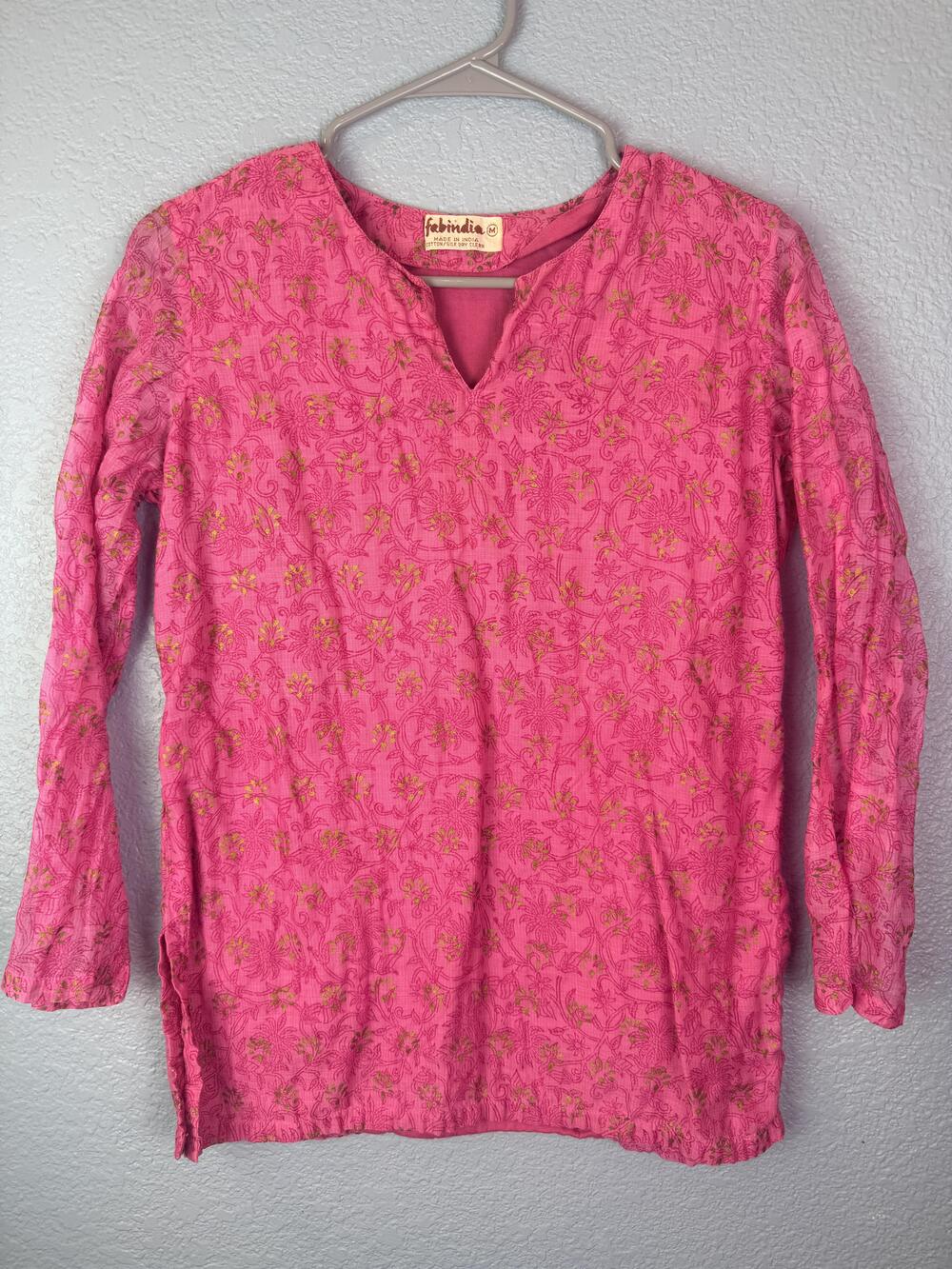 Fabindia Tunic Top Womens Medium Pink Floral Cotton Silk Boho Kurta Shirt
